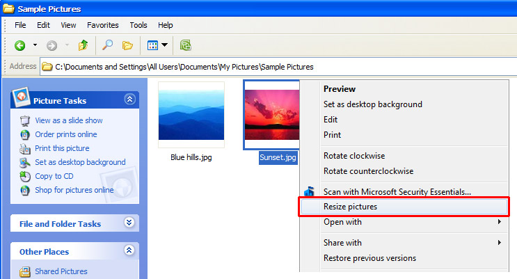 Right-click and select Resize pictures option