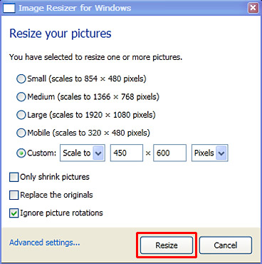 Select a resize option and click on Resize button